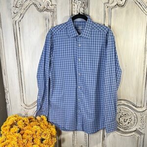Men's BUGATCHI  uomo Blue Checkered Button Down Dress Shirt